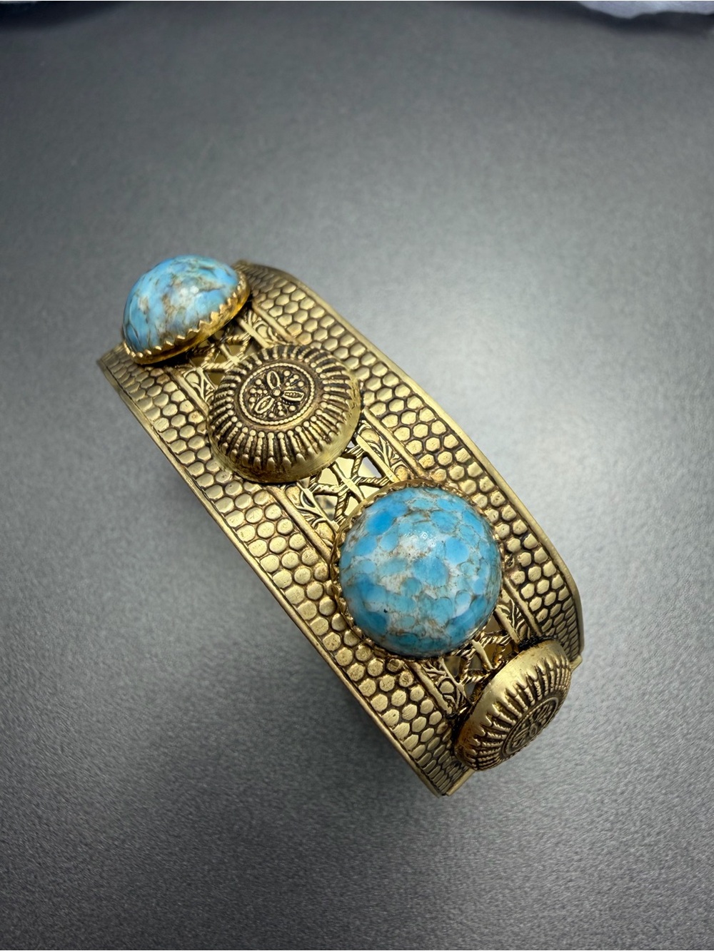 Vintage Cuff Bracelet with Glass Robins Egg Cabochons #493br